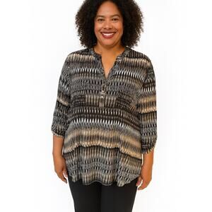 Ava & Grace Woman 3X Tunic Top – Black, Brown & Tan Ikat Print with Pockets